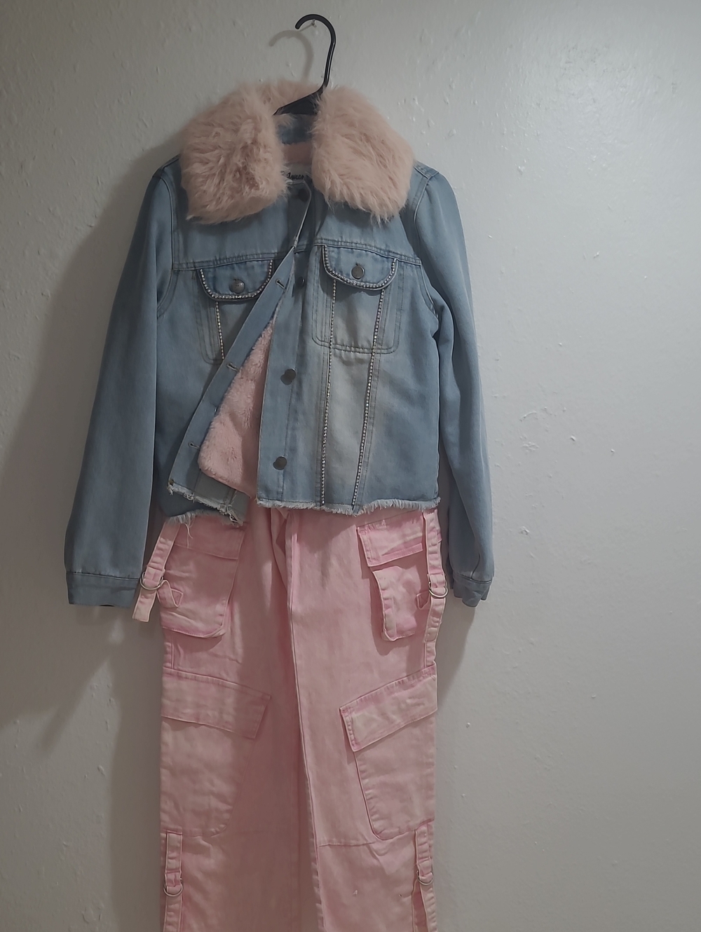 s Light Blue Denim Jacket with Pink Faux Fur Collar